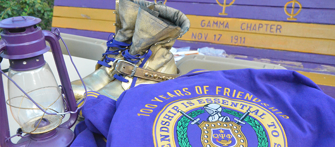 omega psi phi paraphernalia sitting on a table 